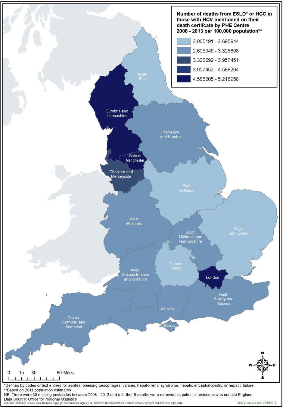 Figure 10 shows that along with London, Greater Manchester has the highest rate of death from end stage liver disease or hepatocellular carcinoma.