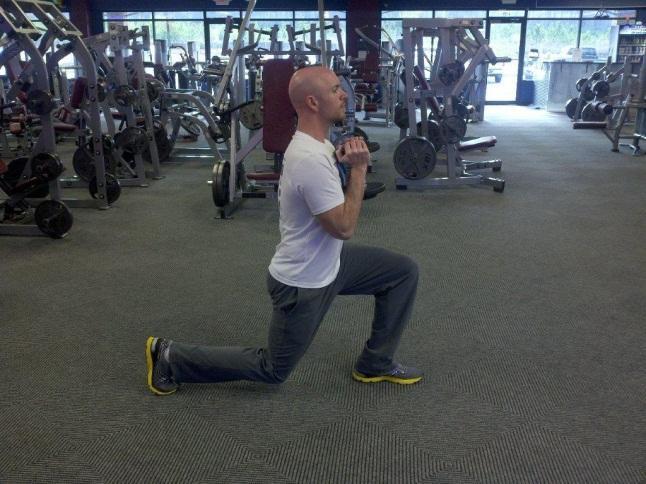 Workout C Goblet Split Squat Stand with your feet shoulder-width apart and hold a dumbbell in front of your chest. Step forward with your one leg, taking a slightly larger than normal step.
