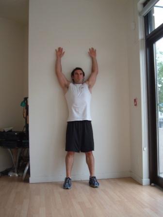 Stick your hands up overhead. Keep your shoulders, elbows, and wrists touching the wall. Slide your arms down the wall and tuck your elbows into your sides.