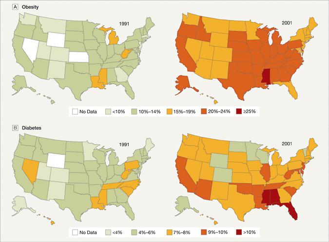 Figure 1. Prevalence of Obesity and Diagnosed Diabetes Among US Adults, 1991 and 2001 Source: Mokdad AH et al. Prevalence of obesity, diabetes, and obesity-related health risk factors, 2001. JAMA.