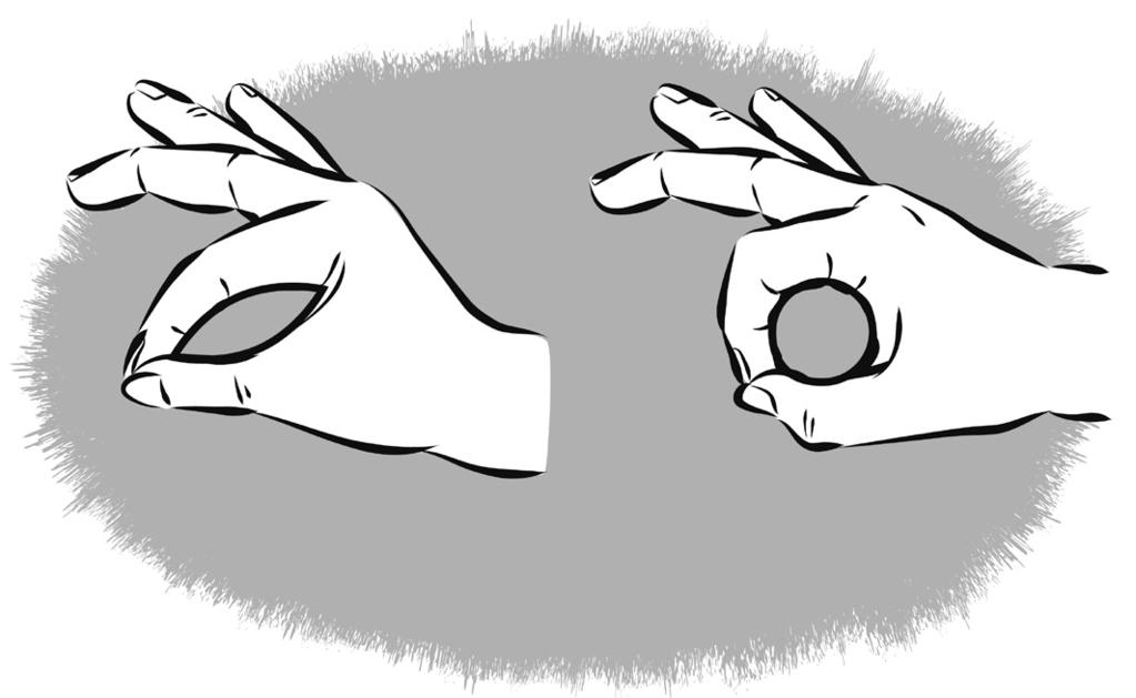 pendli hoidmine käes Pöidla ja nimetissõrme vahele jääva avause kuju sõltub sellest, kui kaugele pöial ja nimetissõrm on sirutatud. Pöial ja nimetissõrm võivad moodustada kaks kujundit: silm ja OM.