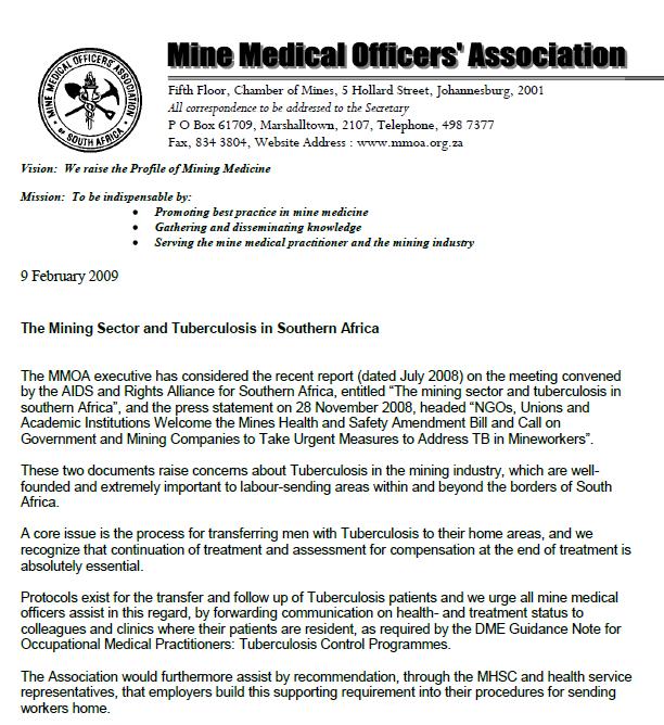 Response from Mine Medical Officers to