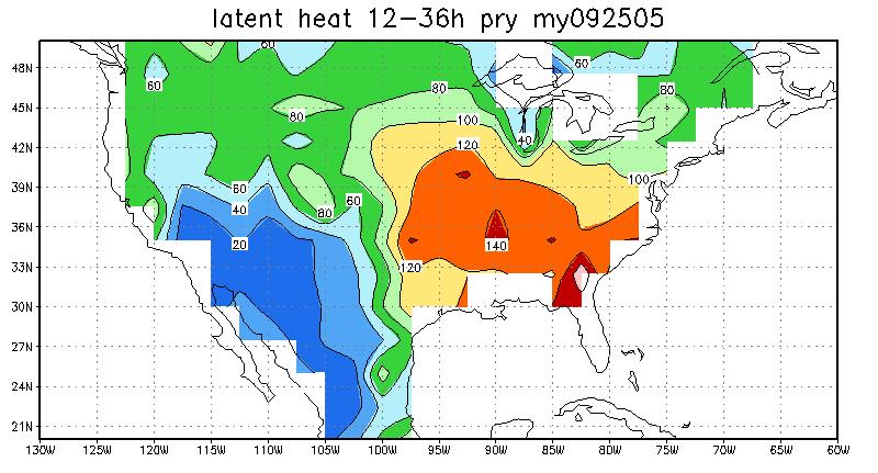 half of CONUS Operational GFS 09-25 May 2005 17-day mean surface Latent heat flux