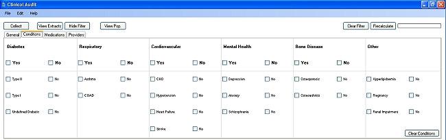 6.5. Medical Conditions Filtering Selecting Conditions by ticking the boxes will limit your data to look at only patients that match all the conditions ticked: Condition Yes, No, no selection = All