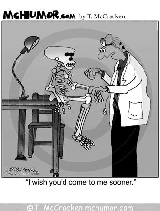 A doctor taking the pulse of a skeleton sitting on an