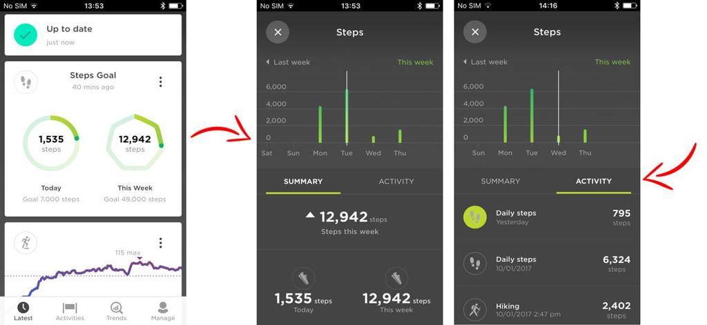 Tip: The order of screens below the clock changes depending on the goal you have set. You see the number of steps for the day so far.