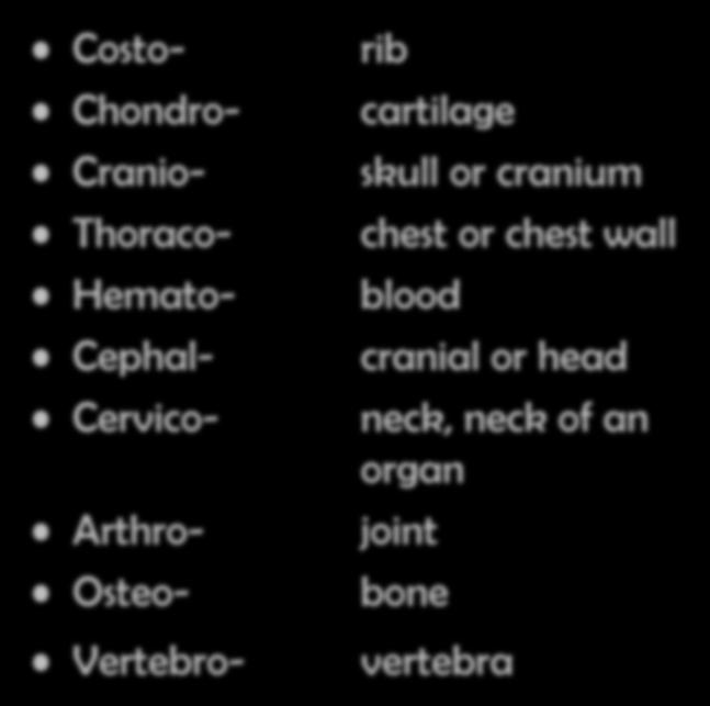 Vocabulary- Word Parts Costo- Chondro- Cranio- Thoraco- Hemato- Cephal- Cervico- Arthro- Osteo- Vertebro- rib