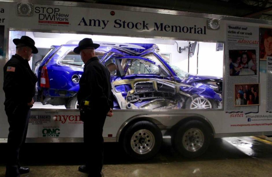 Amy Stock Memorial Trailer On October 11 th, a traveling memorial exhibiting the wrecked car of Amy Stock, the sister of a Cooperstown woman killed by a drunk driver last July, was unveiled at the