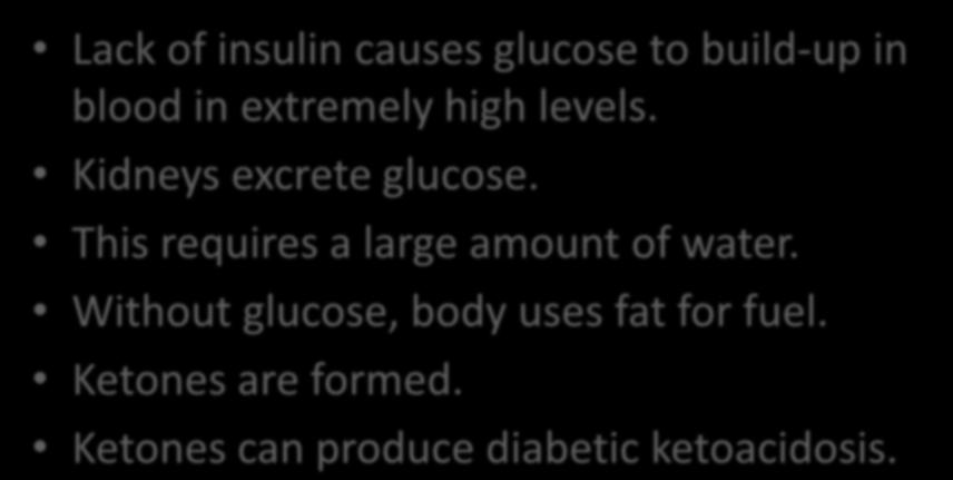Hyperglycemia Lack of insulin causes glucose to build-up in blood in extremely high levels. Kidneys excrete glucose.