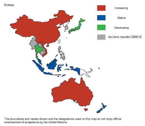 Ecstasy use (2010*) Increasing use: Australia China Viet Nam Decreasing: Japan Singapore