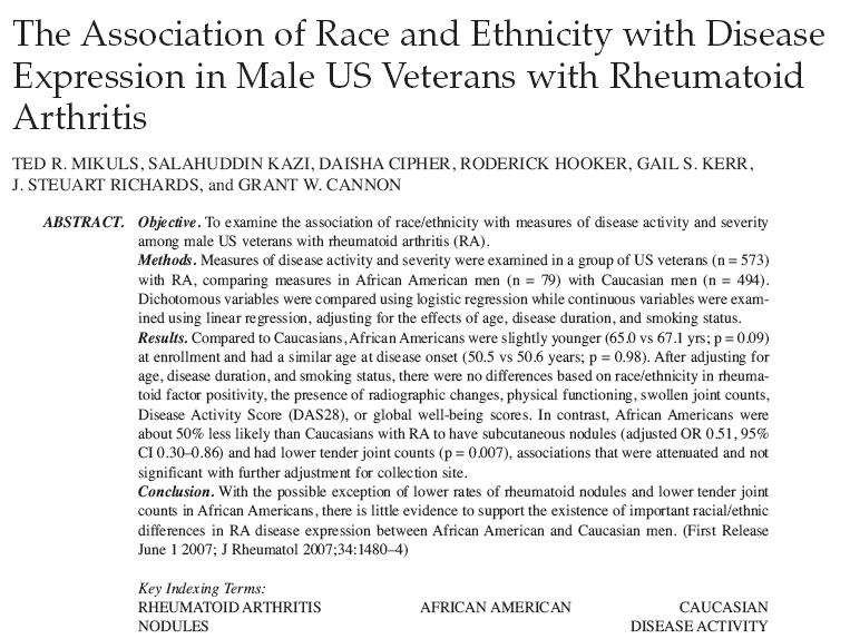 Association of Race/Ethnicity with RA Features (African American men vs.
