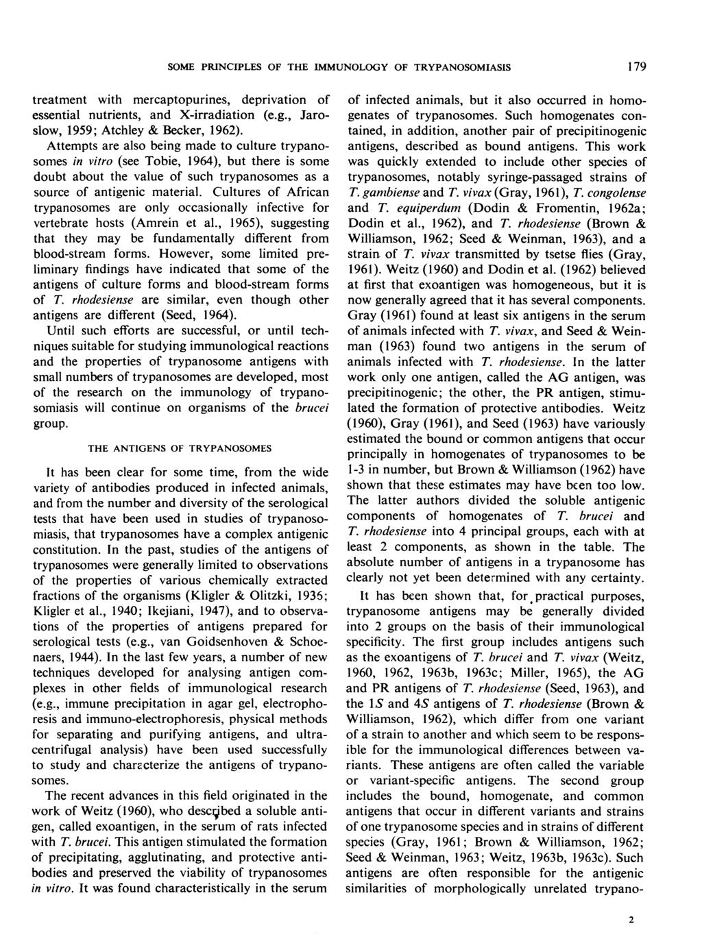SOME PRINCIPLES OF THE IMMUNOLOGY OF TRYPANOSOMIASIS 179 treatment with mercaptopurines, deprivation of essential nutrients, and X-irradiation (e.g., Jaroslow, 1959; Atchley & Becker, 1962).