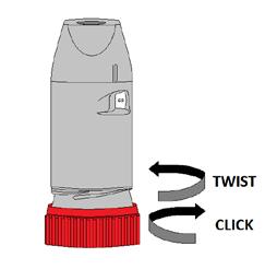Twist the cover and lift it off. Hold the Flexhaler upright (mouthpiece up). 2. Twist the brown grip to the right as far as it will go, then back to the left until it clicks. 3.