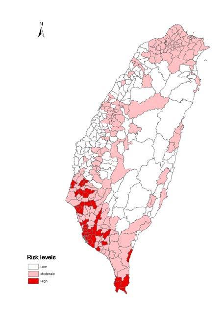 17 Risk map of dengue fever transmission The areas with high risk of reporting dengue fever infection would likely to expand from south to north, and human population at high risk