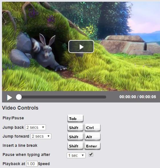 Keyboard Commands Type Mode - Video controls Play/Pause Use the Tab key to play and pause the video. Jump back Use Shift+Ctrl to jump the video back.