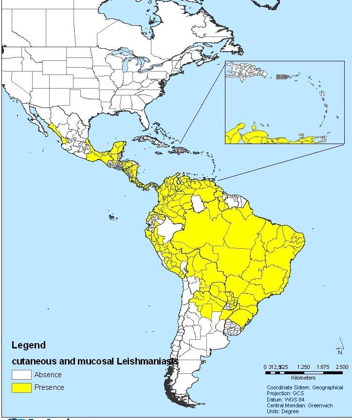 Presence of cutaneous and mucosal leishmaniasis at the first sub-national administrative level in the Americas,2011 Cutaneous and mucosal Leishmaniasis in the Americas 637,151 cases reported by
