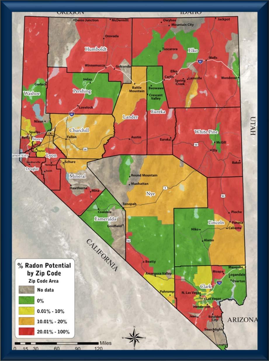 Radon Potential based on actual data since 1989 Actual radon test results since 1989 show 26% of Nevada homes tested have
