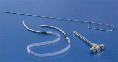 Figure 13 9 Tension-free vaginal tape (TVT) sling procedure: Instrumentation. Shown are introducer, rigid catheter guide, and TVT device (polypropylene mesh and attached trocars). durability.