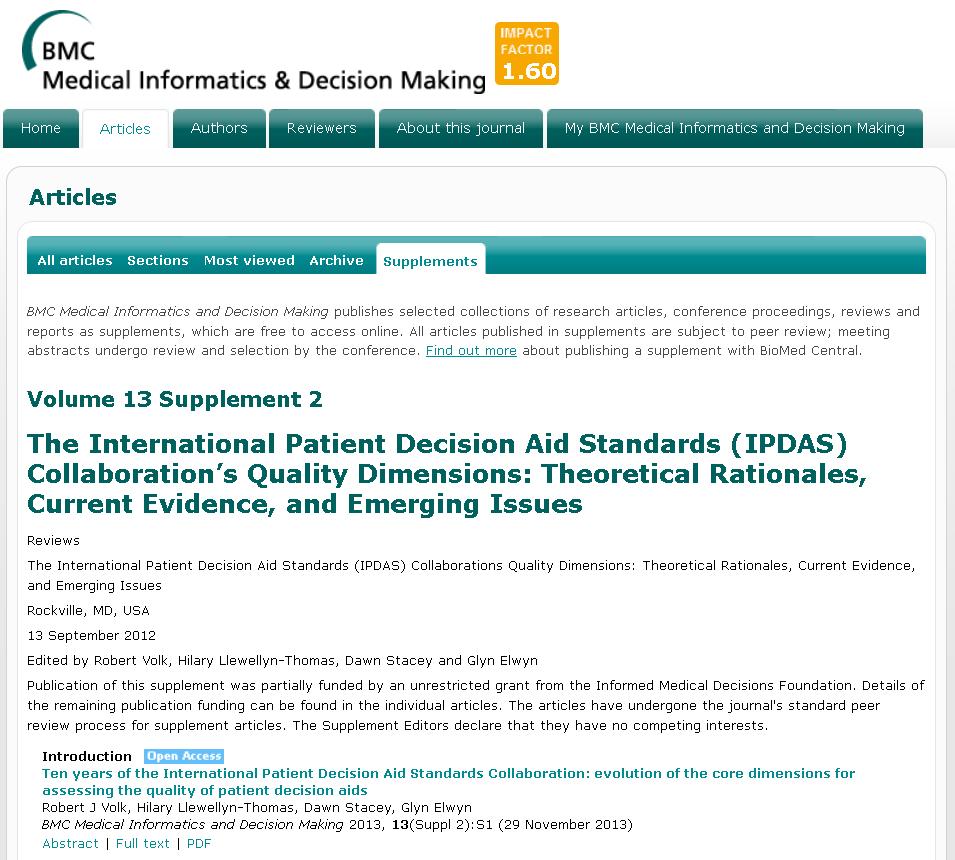 2013 Peer-reviewed Publications for IPDAS Collaboration s Quality Dimensions BMC Medical Informatics