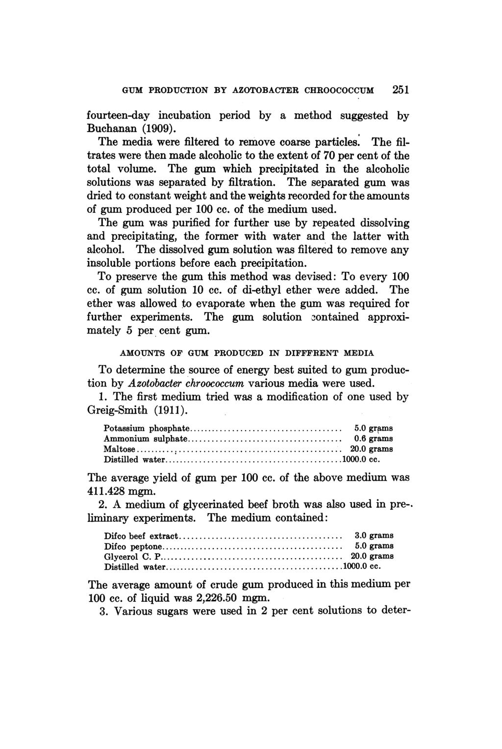 GUM PRODUCTION BY AZOTOBACTER CHROOCOCCUM 251 fourteen-day incubation period by a method suggested by Buchanan (1909). The media were filtered to remove coarse particles.