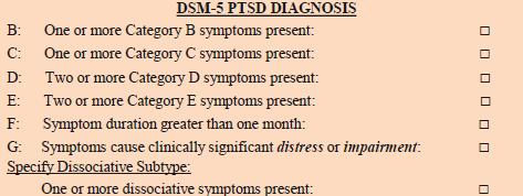 Scoring Sheet Estimating whether DSM-5 PTSD category B, C, D, and E symptom criteria are met: If symptom score is 3 or 4, score symptoms as present For questions 4, 10, & 26; use a rating of 2 or