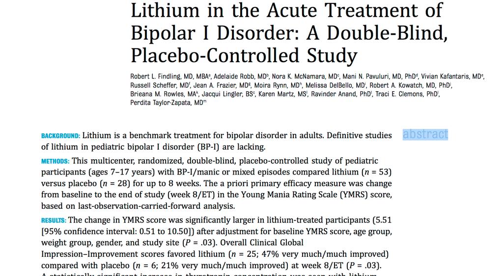 Lithium Double Blind RCT study Pediatric BP-I 47% vs