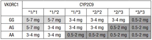 Warfarin rug targets: Metabolizing Enzyme CYP2C9 Enzyme activating vitamin K - VKORC1 CYP2C9 SNP rs# Consequence *2 C>T rs#1799853 Reduced CYP2C9 function *3 A>C rs#1057910 Reduced CYP2C9 function