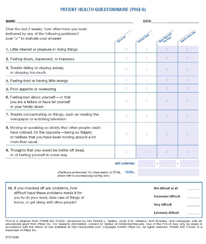 Depression Screening Patient Health Questionnaire-2 2 screening questions Used in primary care settings Patient Health Questionnaire-9 9 screening questions Assessing for