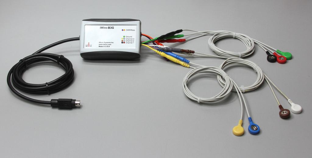 EMG Cable Setup 1. Locate the 2 - iwire-b3g EMG cables and electrode lead wires (Figure HM-11-S1) in the iworx kit. Figure HM-11-S1: One iwire-b3g EMG cable with seven snap leads. 2. Insert the connector on the end of the iwire-b3g - EMG cable into the iwire 1 input on the front of the IXTA (Figure HM-11-S3).