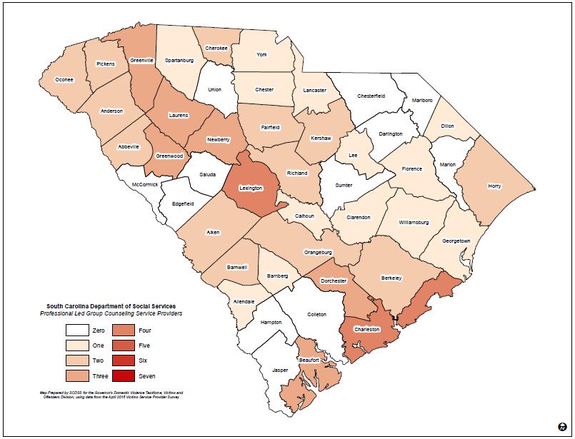 Group Counseling: Professional Led Results indicate that 34 counties provide professional led group counseling. All counties in the Midlands region are covered.