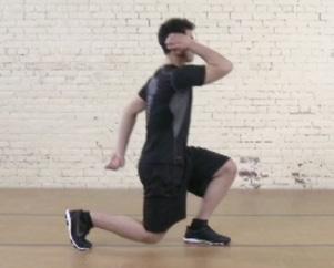 . Start in a standing position with hands at chest hight.. Lunge forward on one leg, and hold.