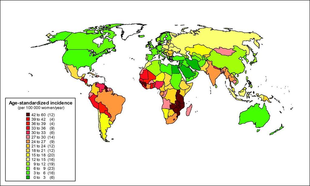 Geographic distribution of the world ASIR of cervical cancer, by country, estimated for 2008 Arbyn M et al.