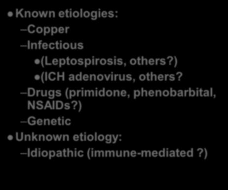 etiologies: Copper Infectious (Leptospirosis, others?) (ICH adenovirus, others?