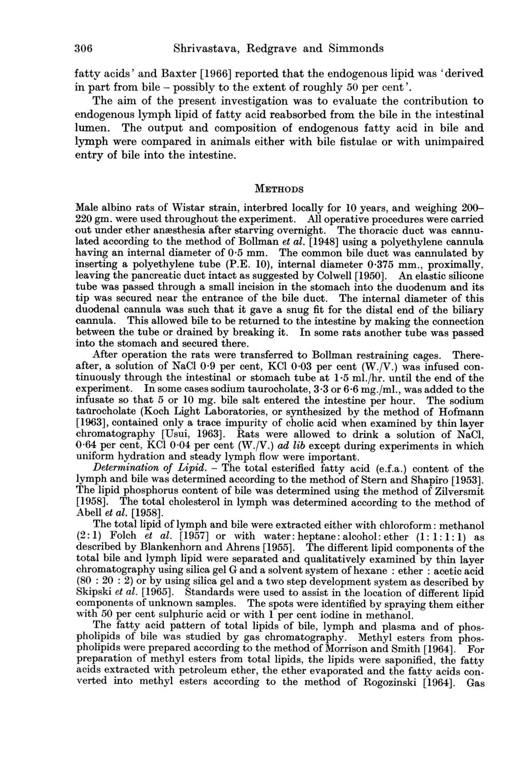 306 Shrivastava, Redgrave and Simmonds fatty acids' and Baxter [1966] reported that the endogenous lipid was 'derived in part from bile - possibly to the extent of roughly 50 per cent'.