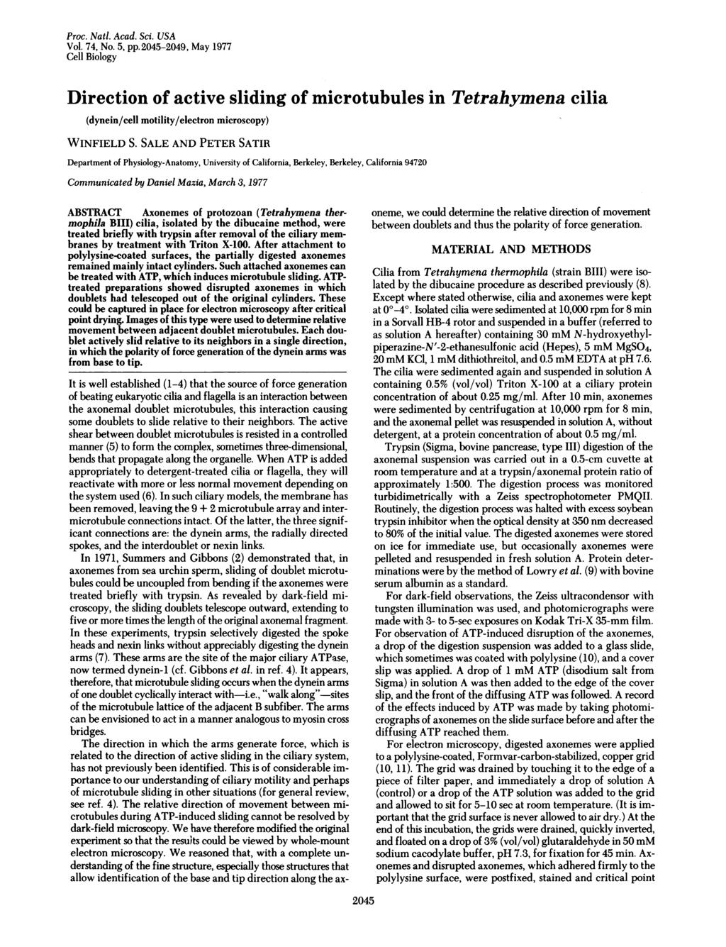Pro. Natl. Aad. Si. USA Vol. 74, No. 5, pp.2045-2049, May 1977 Cell Biology Diretion of ative sliding of mirotubules in Tetrahymena ilia (dynein/ell motility/eletron mirosopy) WINFIELD S.