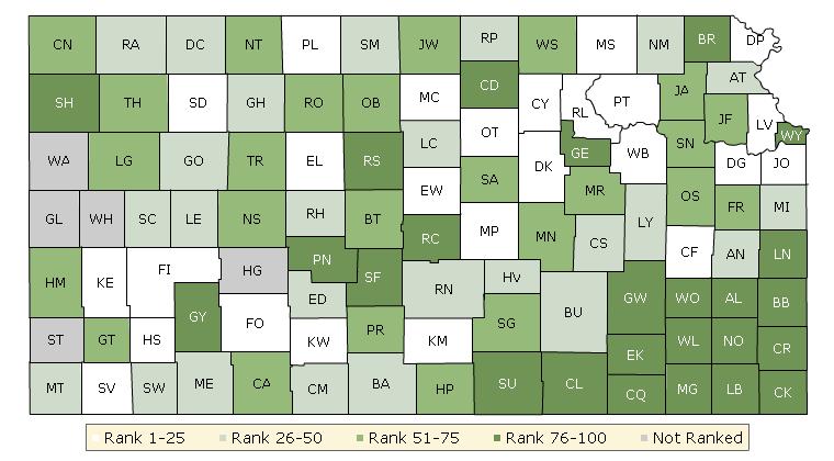 The maps on this page and the next display Kansas s counties divided into groups by health rank. Maps help locate the healthiest and least healthy counties in the state.