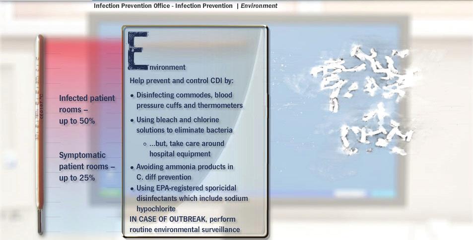 Environment E is for environment. Reducing environmental contamination can reduce C. diff infections. Twenty-five percent of symptomatic C. diff carrier patient rooms yield C. diff spores.