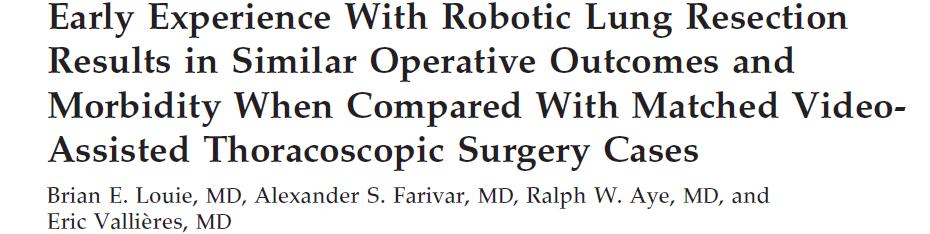 Ann Thorac Surg 2012;93:1598 165 Case-control evaluation: 53 Robotic and 35 VATS Similar surgical and postoperative outcomes Significantly shorter duration of narcotic use and earlier return to