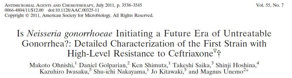 Strain H041, identified in Japanese commercial sex worker, asymptomatic pharyngeal carrier High-level resistance to all cephalosporin-class antibiotics, penicillin G, levofloxacin Reduced