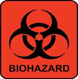 Labels that include the universal biohazard symbol and the word Biohazard must be attached to: Containers of regulated biowaste, which we ll talk