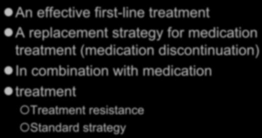 CBT for Anxiety Disorders Application of CBT An effective first-line treatment A replacement strategy for medication treatment (medication discontinuation) In combination with medication treatment