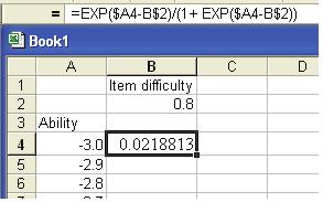 . In Cell B, type in a value for an item difficulty, say 0.8, as shown below.