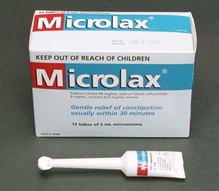 Soap and water (evacuation by lubrication) Disposable - Microlax (5 ml) - Travenol (RN