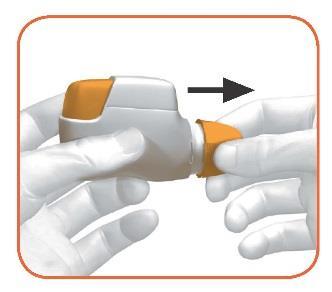 Hold the DUAKLIR GENUAIR inhaler horizontally with the mouthpiece towards you and the orange button facing straight up (see