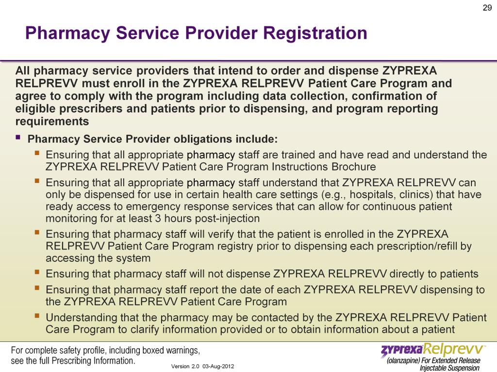 All pharmacy service providers that intend to order and dispense ZYPREXA RELPREVV must enroll in the ZYPREXA RELPREVV Patient Care Program and agree to comply with the program including data