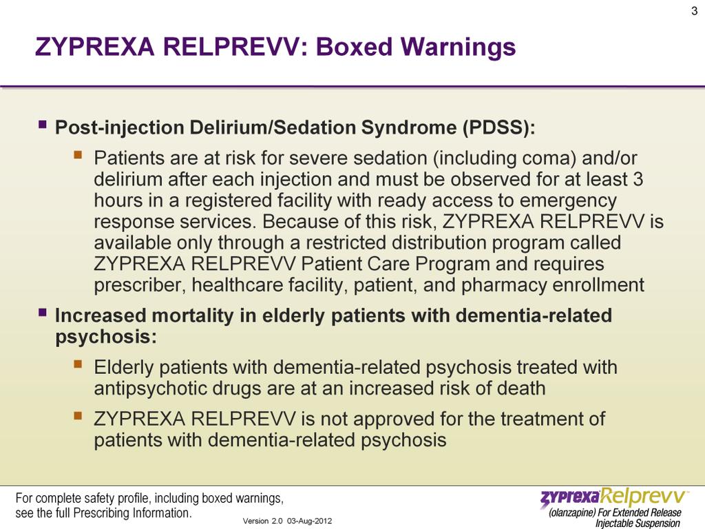 If you prescribe ZYPREXA RELPREVV, you need to be aware that it carries a boxed warning for Post-Injection Delirium/Sedation Syndrome (PDSS).