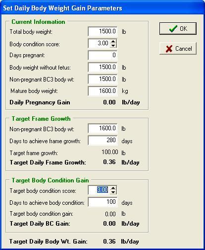 This brings up the Set Body Weight Gain Parameters dialog. You should check here that the current nonpregnant BC3-adjusted BW is not more than the mature BW.