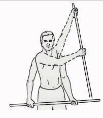 Using the healthy arm to move the injured arm with a cane or stick, the arm is moved up and in front of the body, to the