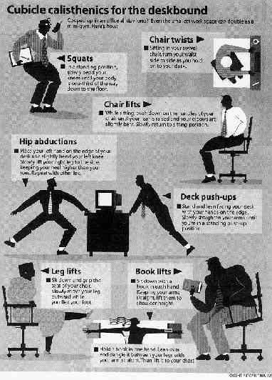 Really simple stuff Chair Twists Squats Chair Lifts Hip Abductions Deck Push-ups Leg Lifts Book Lifts More
