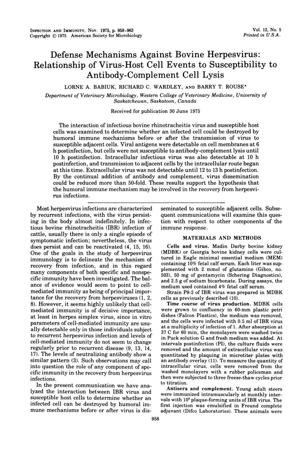 INFECTION AND IMMUNITY, Nov. 1975, p. 958-963 Copyright 1975 American Society for Microbiology Vol. 12, No. 5 Printed in USA.